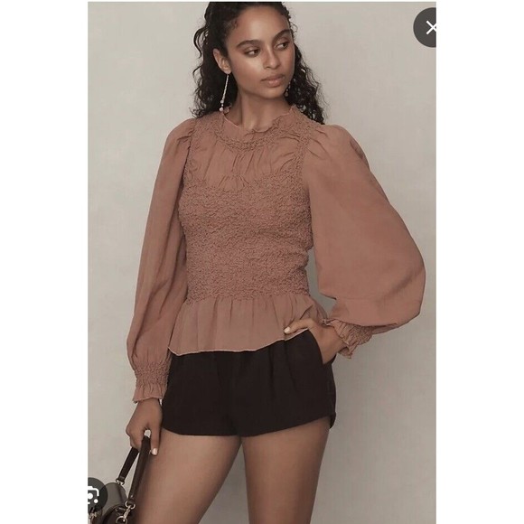 BY ANTHROPOLOGIE Balloon-Sleeve Smocked Peplum Blouse Brown Size Small - Picture 1 of 9